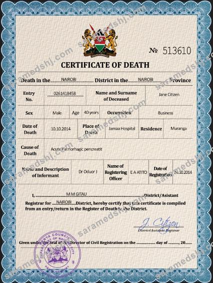 Kenya vital record death certificate PSD template